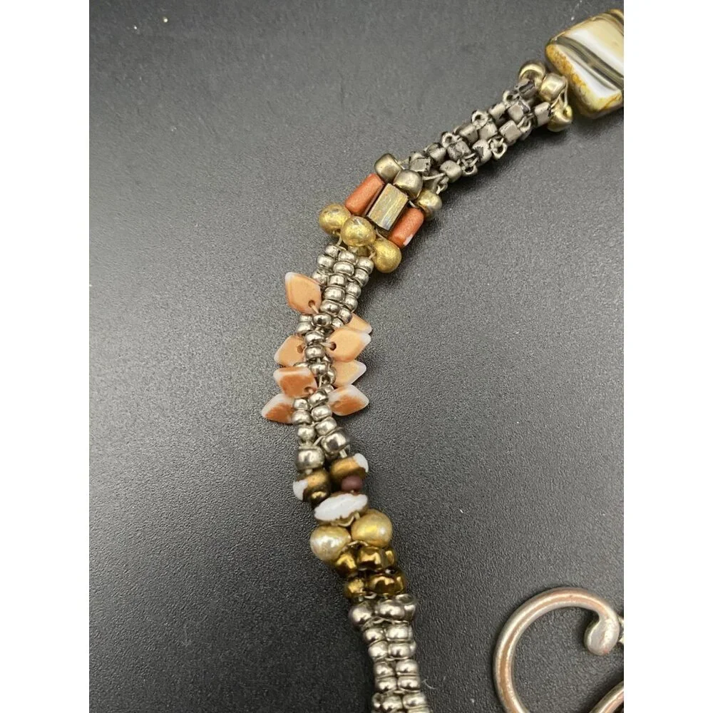 Artisan  Necklace Boho Natural Stone Shell Glass Bead Antiqued Bronze Toggle 38" - Picture 13 of 13